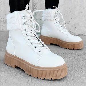 Queen Of The North Faux Fur Trimmed Combat Boots (Bone)